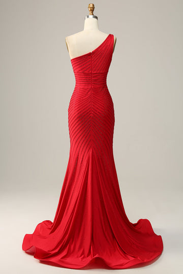 Un Hombro Rojo Vestido de Fiesta Con Abalorios